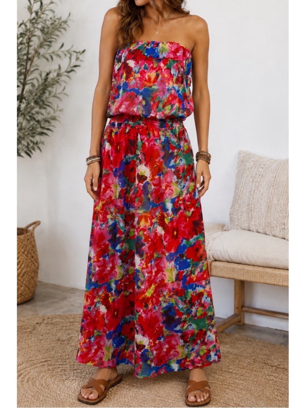 L8teR Y2K colorful floral pattern Strapless maxi dress